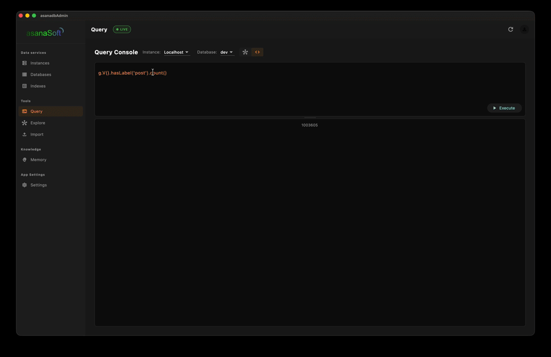 asanaDB Admin UI — live graph visualization and Gremlin console